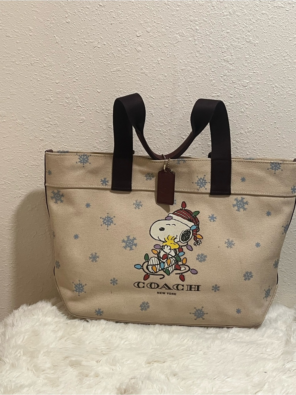 Coach Beige Canvas Snoopy & Woodstock Holiday Tote with Dark Brown Handles